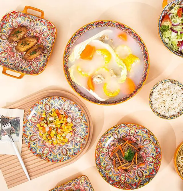 Alt view image 6 of 7 - Boho Large Serving Bowls, 10.2 Inch Fruit Salad Bowls, Decorative Serving Dishes for Entertaining, 80 OZ Pasta Bowls Set of 2, Vibrant Colorful Soup Bowls for Party, Home Decor, Bohemian Style Gift