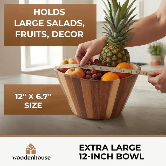 Alt view image 4 of 7 - Extra Large Wooden Salad Bowl - Acacia 12 Multi-Purpose Wood Bowls - Decorative Bowls for Home Decor, Storage, Serving, Yarn - Durable Wavy Handmade Design - Wooden Fruit Bowl for Kitchen Counter