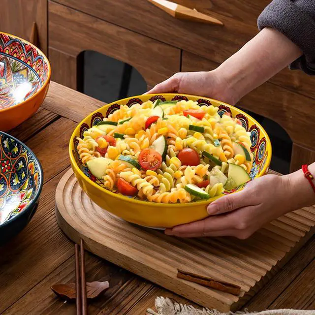 Alt view image 7 of 7 - Boho Large Serving Bowls, 10.2 Inch Fruit Salad Bowls, Decorative Serving Dishes for Entertaining, 80 OZ Pasta Bowls Set of 2, Vibrant Colorful Soup Bowls for Party, Home Decor, Bohemian Style Gift