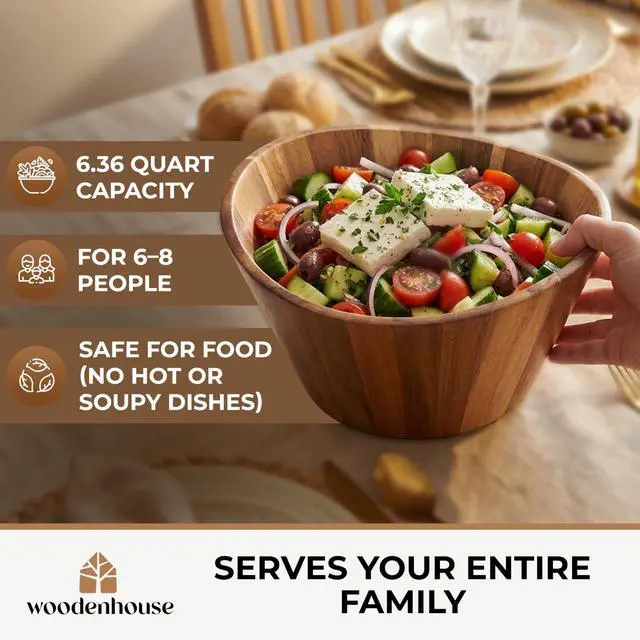 Alt view image 3 of 7 - Extra Large Wooden Salad Bowl - Acacia 12 Multi-Purpose Wood Bowls - Decorative Bowls for Home Decor, Storage, Serving, Yarn - Durable Wavy Handmade Design - Wooden Fruit Bowl for Kitchen Counter