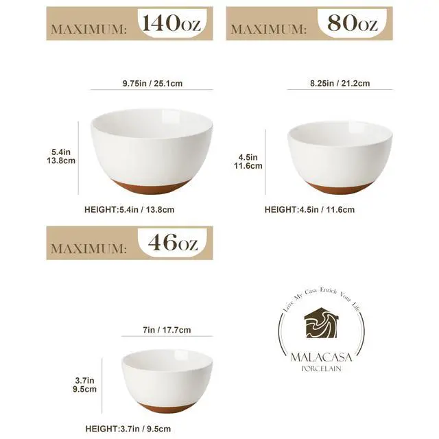 Alt view image 3 of 7 - Ceramic Mixing Bowls, Large Serving Bowls for Mixing, Cooking, Prepping, Baking, Salad, Soup, Pasta, Nesting Bowls Set of 3, 46/80/140 Oz, Oven, Microwave and Dishwasher Safe, Series TARA