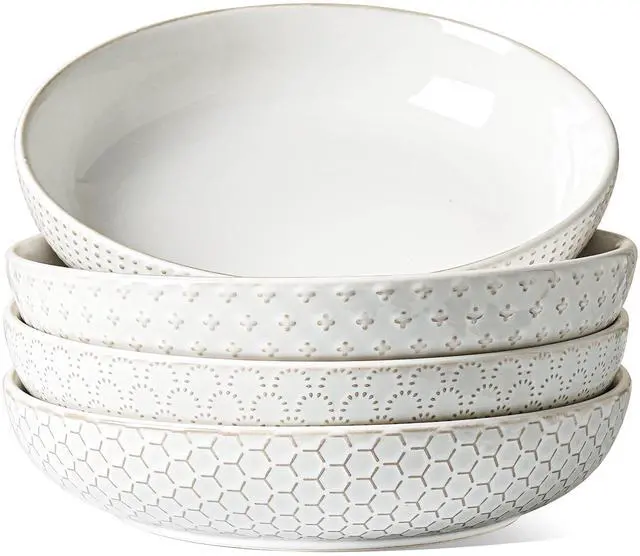 Main image of Pasta Bowls 42oz, Large Salad Bowl, Ceramic Embossment Stoneware Serving Plate for Fruits, Noodle, Dinner, House-warming Wedding Present - 9 Inch, Set of 4, Arctic White