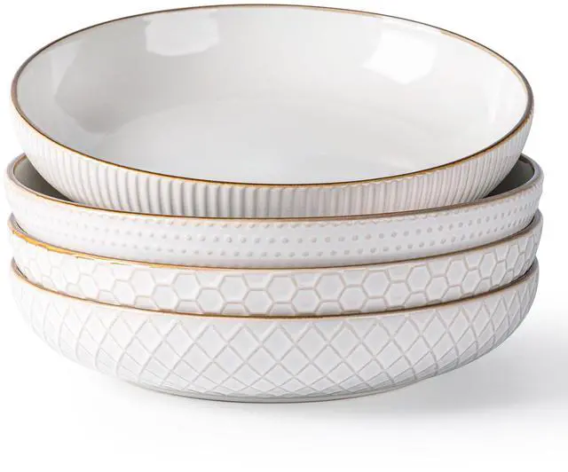 Main image of 9.5'' Large Pasta Bowls, 42 Ounce Stoneware Salad Bowls for Kitchen, Ceramic Serving Bowls With Textured Pattern for Pasta,Fruit, Stews,Noodle, House-warming Gift,Set of 4-Off White