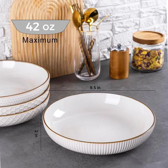 Alt view image 2 of 7 - 9.5'' Large Pasta Bowls, 42 Ounce Stoneware Salad Bowls for Kitchen, Ceramic Serving Bowls With Textured Pattern for Pasta,Fruit, Stews,Noodle, House-warming Gift,Set of 4-Off White