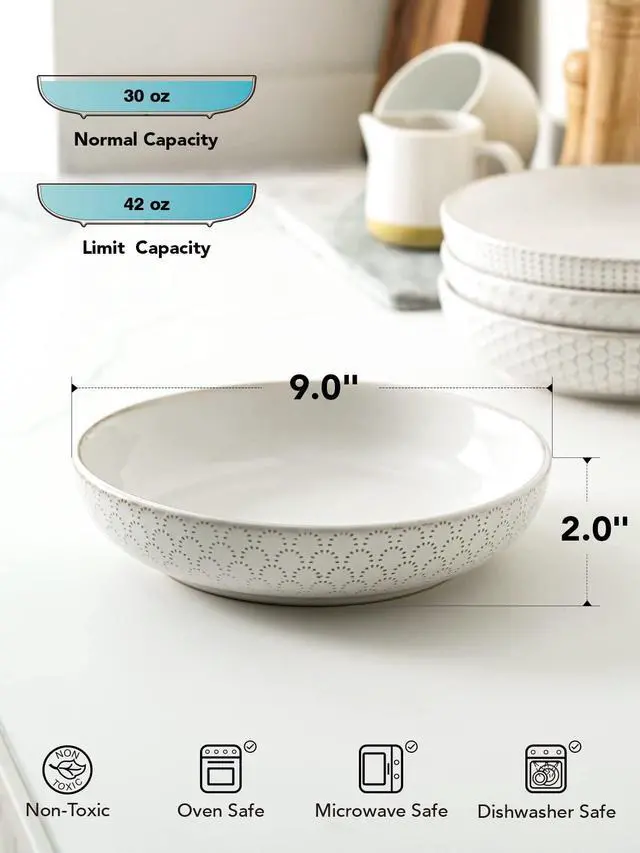 Alt view image 4 of 7 - Pasta Bowls 42oz, Large Salad Bowl, Ceramic Embossment Stoneware Serving Plate for Fruits, Noodle, Dinner, House-warming Wedding Present - 9 Inch, Set of 4, Arctic White