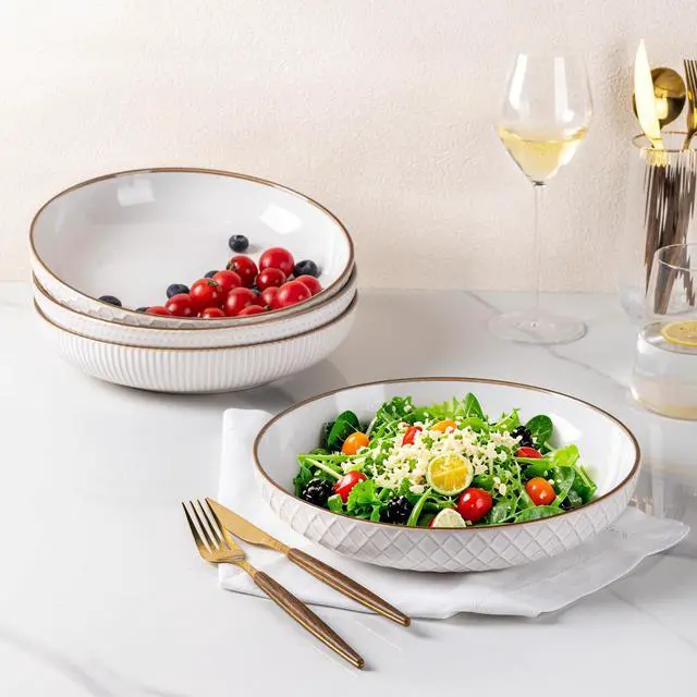 Alt view image 3 of 7 - 9.5'' Large Pasta Bowls, 42 Ounce Stoneware Salad Bowls for Kitchen, Ceramic Serving Bowls With Textured Pattern for Pasta,Fruit, Stews,Noodle, House-warming Gift,Set of 4-Off White
