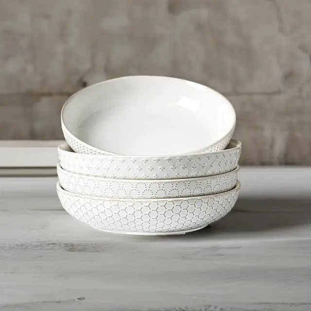 Alt view image 5 of 7 - Pasta Bowls 42oz, Large Salad Bowl, Ceramic Embossment Stoneware Serving Plate for Fruits, Noodle, Dinner, House-warming Wedding Present - 9 Inch, Set of 4, Arctic White
