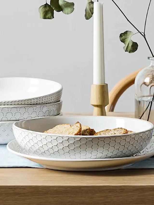 Alt view image 3 of 7 - Pasta Bowls 42oz, Large Salad Bowl, Ceramic Embossment Stoneware Serving Plate for Fruits, Noodle, Dinner, House-warming Wedding Present - 9 Inch, Set of 4, Arctic White