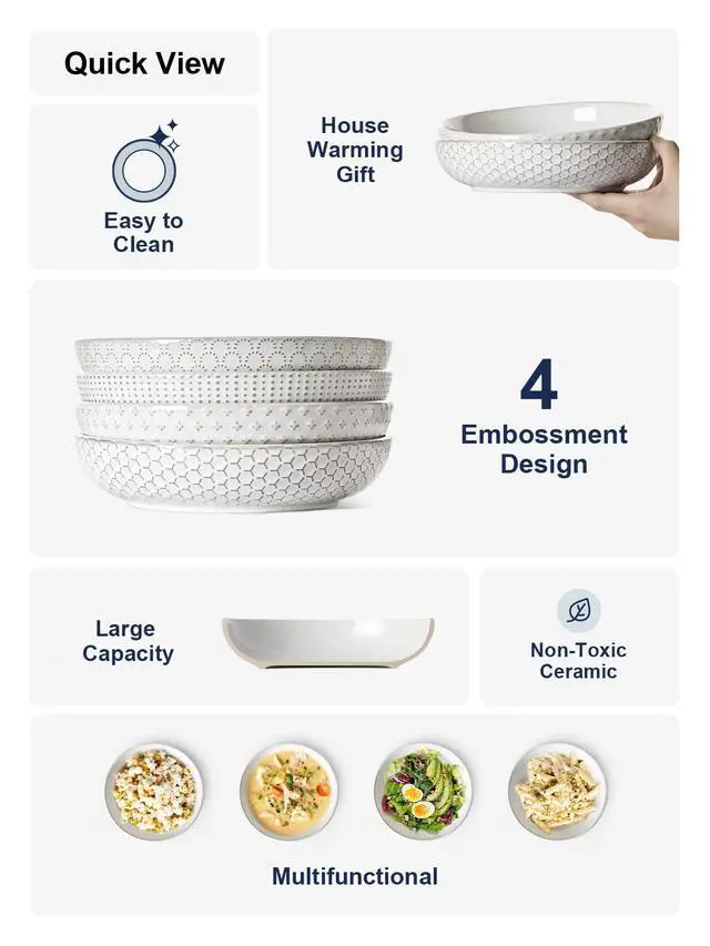 Alt view image 6 of 7 - Pasta Bowls 42oz, Large Salad Bowl, Ceramic Embossment Stoneware Serving Plate for Fruits, Noodle, Dinner, House-warming Wedding Present - 9 Inch, Set of 4, Arctic White