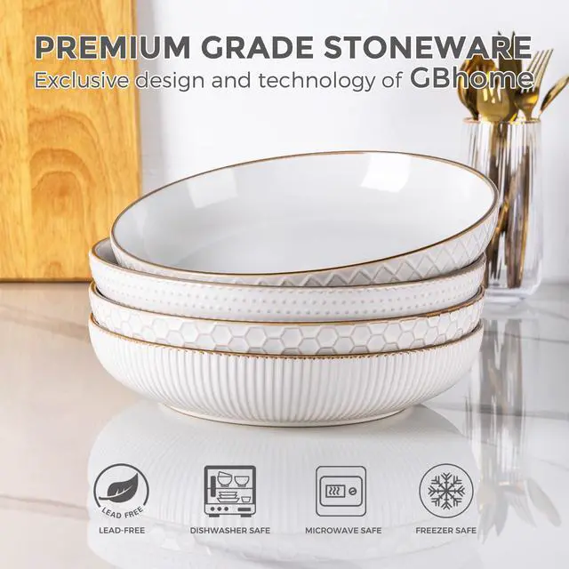 Alt view image 5 of 7 - 9.5'' Large Pasta Bowls, 42 Ounce Stoneware Salad Bowls for Kitchen, Ceramic Serving Bowls With Textured Pattern for Pasta,Fruit, Stews,Noodle, House-warming Gift,Set of 4-Off White
