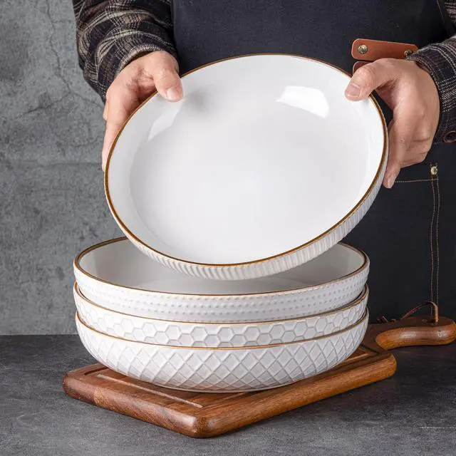Alt view image 6 of 7 - 9.5'' Large Pasta Bowls, 42 Ounce Stoneware Salad Bowls for Kitchen, Ceramic Serving Bowls With Textured Pattern for Pasta,Fruit, Stews,Noodle, House-warming Gift,Set of 4-Off White