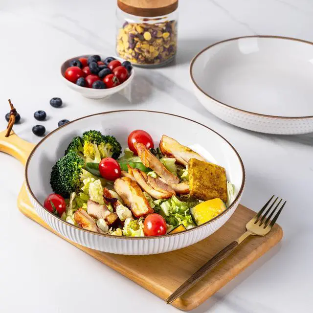 Alt view image 4 of 7 - 9.5'' Large Pasta Bowls, 42 Ounce Stoneware Salad Bowls for Kitchen, Ceramic Serving Bowls With Textured Pattern for Pasta,Fruit, Stews,Noodle, House-warming Gift,Set of 4-Off White