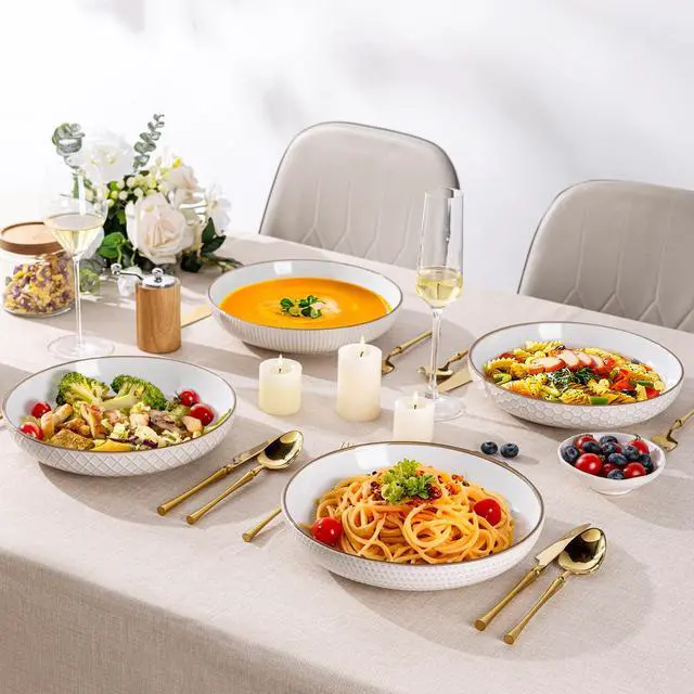 Alt view image 7 of 7 - 9.5'' Large Pasta Bowls, 42 Ounce Stoneware Salad Bowls for Kitchen, Ceramic Serving Bowls With Textured Pattern for Pasta,Fruit, Stews,Noodle, House-warming Gift,Set of 4-Off White