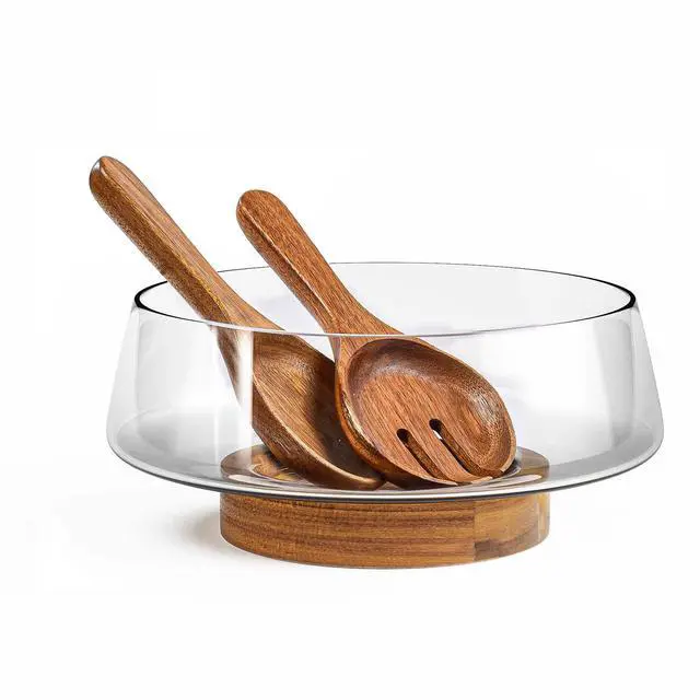 Main image of Extra Large Glass Salad Bowl Set - Party Salad Bowls with Acacia Wood Base and Serving Utensils - Elegant and Practical Kitchen Must-Have