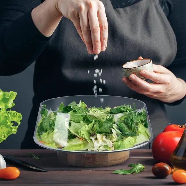 Alt view image 6 of 7 - Extra Large Glass Salad Bowl Set - Party Salad Bowls with Acacia Wood Base and Serving Utensils - Elegant and Practical Kitchen Must-Have