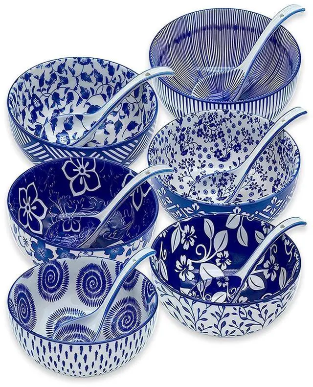 Main image of Japanese Ceramic Bowls Set of 6, 28 Oz Large Asian Porcelain Ramen Soup Salad Cereal Noodle Bowl with 6 Spoons, Deep Bowl for Kitchen Decor and Housewarming Gift, Dishwasher & Microwave Safe