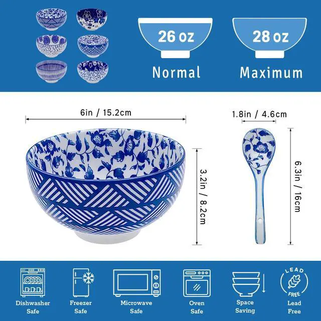 Alt view image 3 of 7 - Japanese Ceramic Bowls Set of 6, 28 Oz Large Asian Porcelain Ramen Soup Salad Cereal Noodle Bowl with 6 Spoons, Deep Bowl for Kitchen Decor and Housewarming Gift, Dishwasher & Microwave Safe