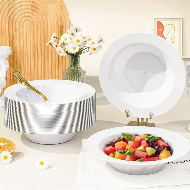 Alt view image 4 of 7 - 100 Pack 12 oz White Plastic Bowls, Disposable Soup Bowls, Heavy-duty Dessert Salad Bowl for Christmas, Party, Wedding, Dinner, Catering