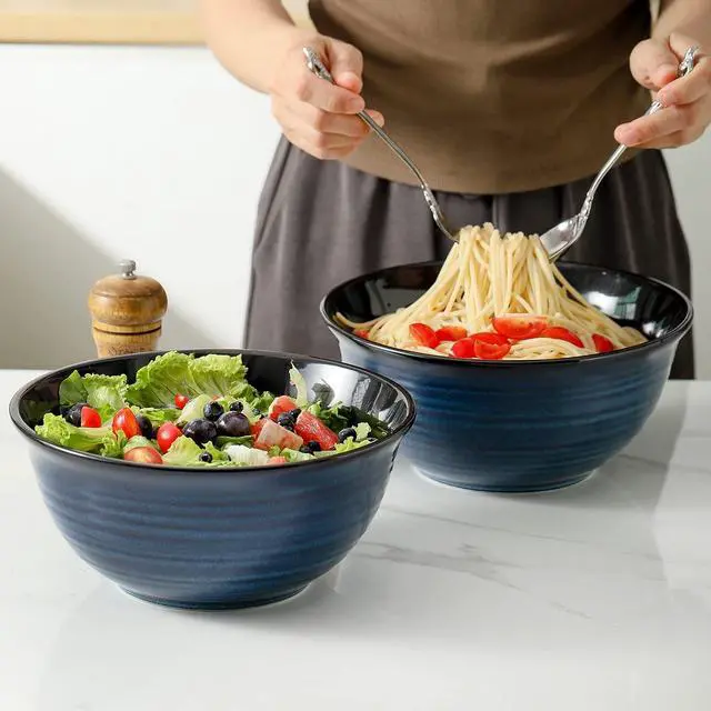 Alt view image 2 of 7 - Ceramic Serving Bowls, 9 Inch Large Salad Bowls for Kitchen, 84 Ounce Mixing Bowl Set of 2, Ideal for Soup Pho Pasta Popcorn, Dishwasher & Microwave Safe(Blue)