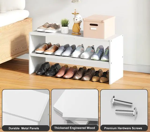 Alt view image 2 of 7 - 2 Pack White Shoe Rack for Closet, 2-Tier Expandable Small Shoe Shelf, Stackable Iron Wood Combination Shoe Organizer Racks Shelves for Closets, Entryway, Hallway, Garage, Holds 12-24 Pairs