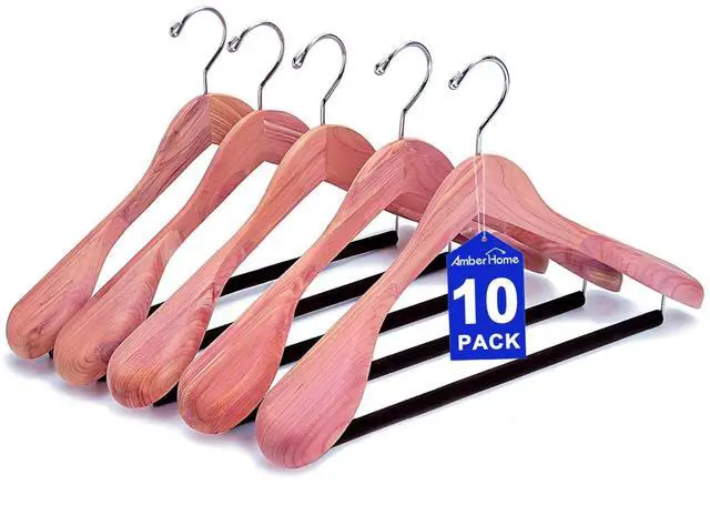Main image of 10 Pack Cedar Suit Hangers with Extra Wide Shoulder, Wooden Clothes Hangers for Coats & Jacket, Aromatic Natural Cedar Hangers with Non-Slip Velvet Pant Bar