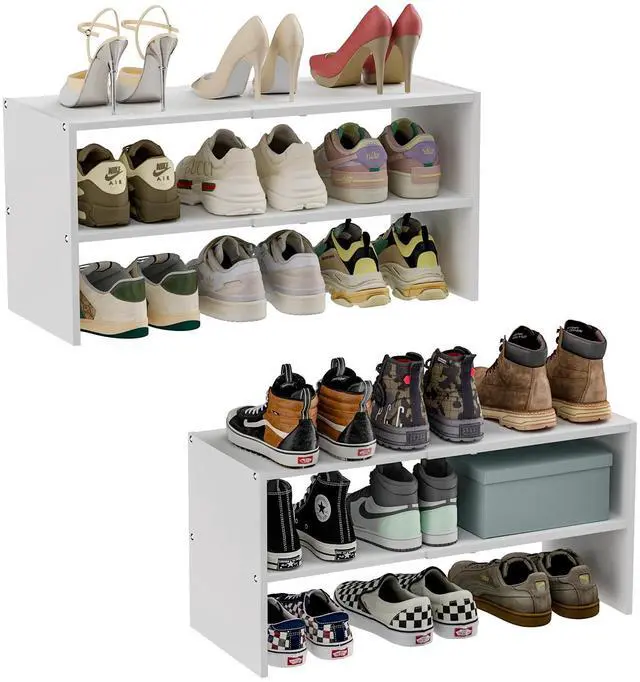 Main image of 2 Pack White Shoe Rack for Closet, 2-Tier Expandable Small Shoe Shelf, Stackable Iron Wood Combination Shoe Organizer Racks Shelves for Closets, Entryway, Hallway, Garage, Holds 12-24 Pairs