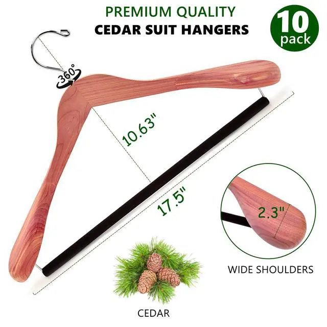 Alt view image 2 of 7 - 10 Pack Cedar Suit Hangers with Extra Wide Shoulder, Wooden Clothes Hangers for Coats & Jacket, Aromatic Natural Cedar Hangers with Non-Slip Velvet Pant Bar