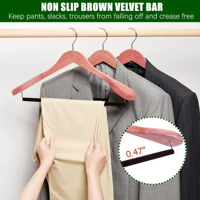 Alt view image 4 of 7 - 10 Pack Cedar Suit Hangers with Extra Wide Shoulder, Wooden Clothes Hangers for Coats & Jacket, Aromatic Natural Cedar Hangers with Non-Slip Velvet Pant Bar