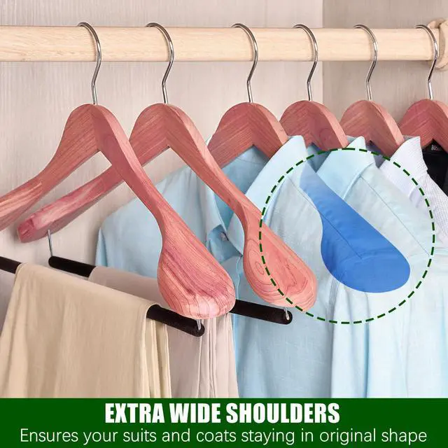 Alt view image 3 of 7 - 10 Pack Cedar Suit Hangers with Extra Wide Shoulder, Wooden Clothes Hangers for Coats & Jacket, Aromatic Natural Cedar Hangers with Non-Slip Velvet Pant Bar