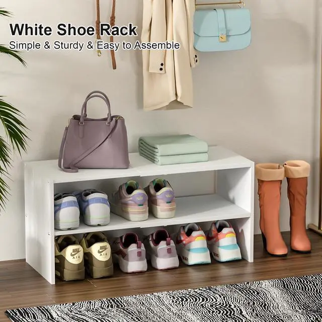 Alt view image 3 of 7 - 2 Pack White Shoe Rack for Closet, 2-Tier Expandable Small Shoe Shelf, Stackable Iron Wood Combination Shoe Organizer Racks Shelves for Closets, Entryway, Hallway, Garage, Holds 12-24 Pairs