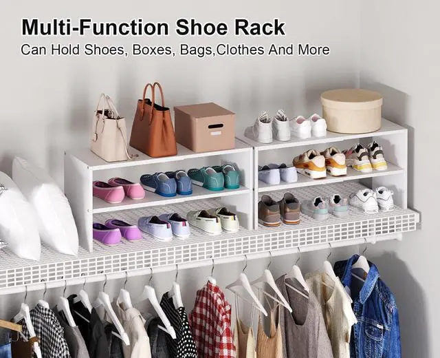 Alt view image 5 of 7 - 2 Pack White Shoe Rack for Closet, 2-Tier Expandable Small Shoe Shelf, Stackable Iron Wood Combination Shoe Organizer Racks Shelves for Closets, Entryway, Hallway, Garage, Holds 12-24 Pairs