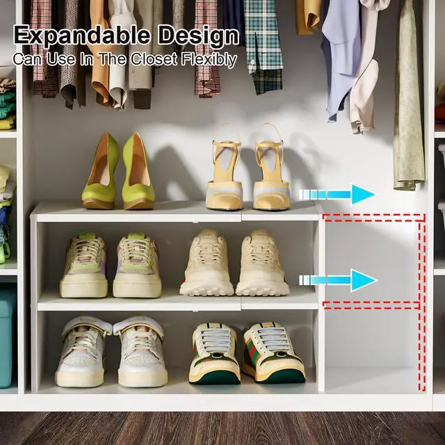 Alt view image 4 of 7 - 2 Pack White Shoe Rack for Closet, 2-Tier Expandable Small Shoe Shelf, Stackable Iron Wood Combination Shoe Organizer Racks Shelves for Closets, Entryway, Hallway, Garage, Holds 12-24 Pairs