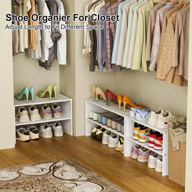 Alt view image 6 of 7 - 2 Pack White Shoe Rack for Closet, 2-Tier Expandable Small Shoe Shelf, Stackable Iron Wood Combination Shoe Organizer Racks Shelves for Closets, Entryway, Hallway, Garage, Holds 12-24 Pairs
