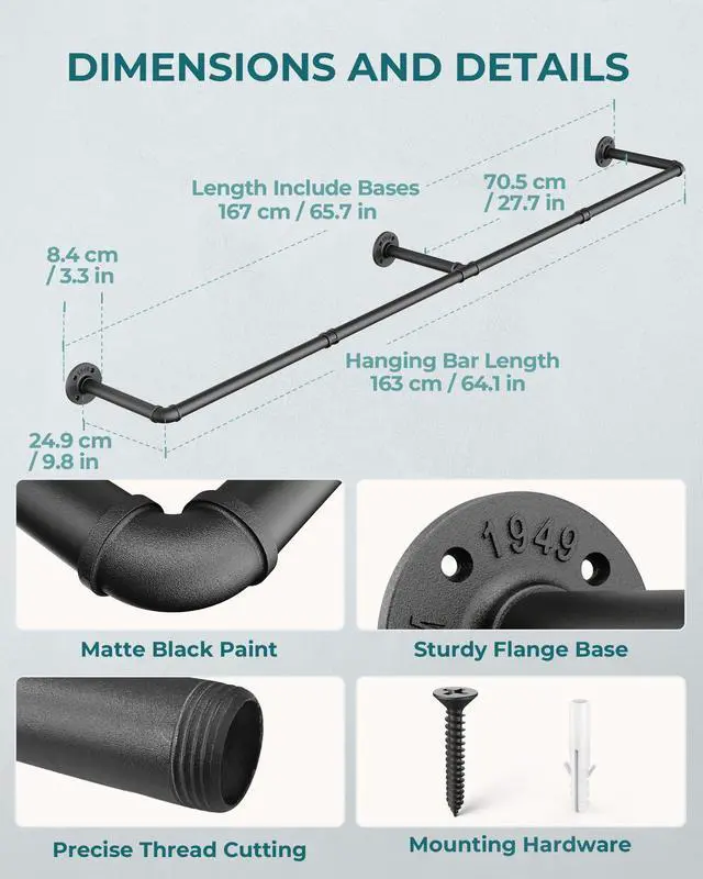 Alt view image 3 of 7 - Clothes Rack, 65.7" Industrial Pipe Clothing Rack 2 Pack for Clothes, Wall Mounted Heavy Duty Space Saving Garment Rack for Closet Storage, Black, 3 Base