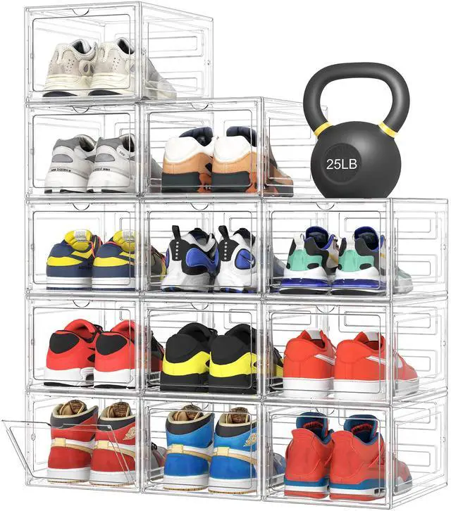 Main image of Upgraded Hard Shoe Storage Box 12 Pack X-Large Fit Size 12, Thicken & Sturdy Clear Plastic Stackable Shoe Organizer Box Closet, Sneaker Storage Display Case Holder Bins with Magnetic Door