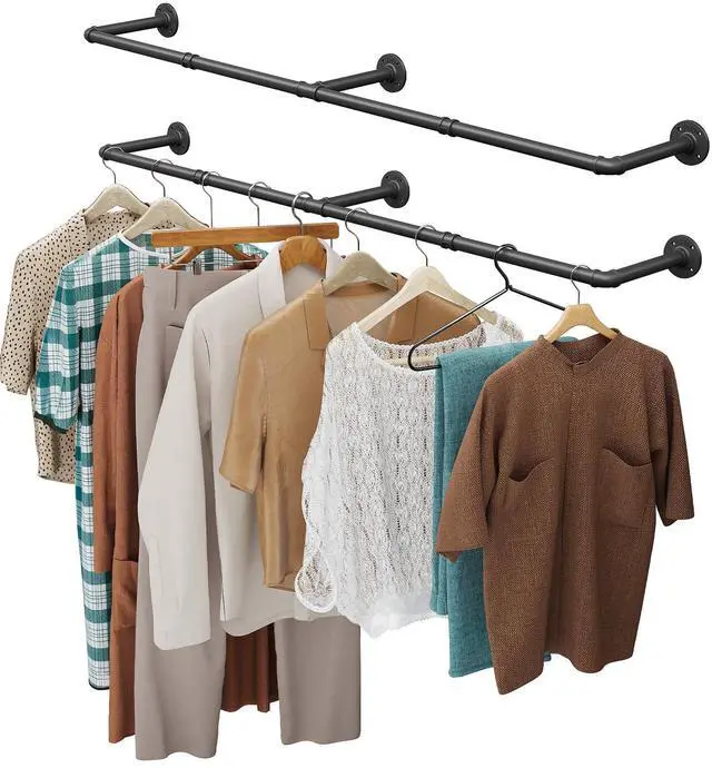 Main image of Clothes Rack, 65.7" Industrial Pipe Clothing Rack 2 Pack for Clothes, Wall Mounted Heavy Duty Space Saving Garment Rack for Closet Storage, Black, 3 Base
