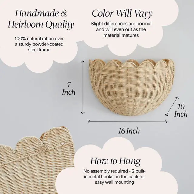 Alt view image 5 of 7 - Scalloped Wicker Wall Basket - The Original - Hand Woven Basket - Scalloped Décor Wall Hanging Baskets -16" x 10" x 7"In - Hanging Wall Basket (Natural)