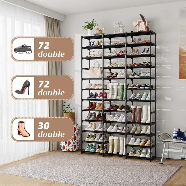Alt view image 2 of 6 - Shoe Rack Large Capacity 72 Pairs Tall Shoe Shelf, 3 Row 12 Tiers Sturdy Metal Shoe Organizer for Entryway, Closet, Bedroom, Black