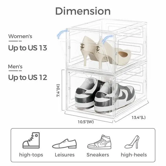 Alt view image 2 of 7 - Upgraded Hard Shoe Storage Box 12 Pack X-Large Fit Size 12, Thicken & Sturdy Clear Plastic Stackable Shoe Organizer Box Closet, Sneaker Storage Display Case Holder Bins with Magnetic Door