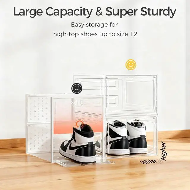 Alt view image 3 of 7 - Upgraded Hard Shoe Storage Box 12 Pack X-Large Fit Size 12, Thicken & Sturdy Clear Plastic Stackable Shoe Organizer Box Closet, Sneaker Storage Display Case Holder Bins with Magnetic Door