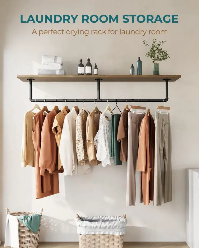Alt view image 7 of 7 - Clothes Rack, 65.7" Industrial Pipe Clothing Rack 2 Pack for Clothes, Wall Mounted Heavy Duty Space Saving Garment Rack for Closet Storage, Black, 3 Base