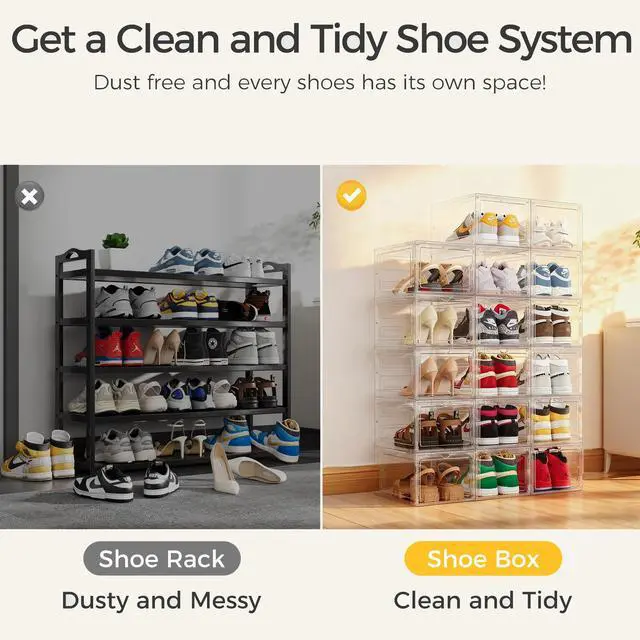 Alt view image 5 of 7 - Upgraded Hard Shoe Storage Box 12 Pack X-Large Fit Size 12, Thicken & Sturdy Clear Plastic Stackable Shoe Organizer Box Closet, Sneaker Storage Display Case Holder Bins with Magnetic Door