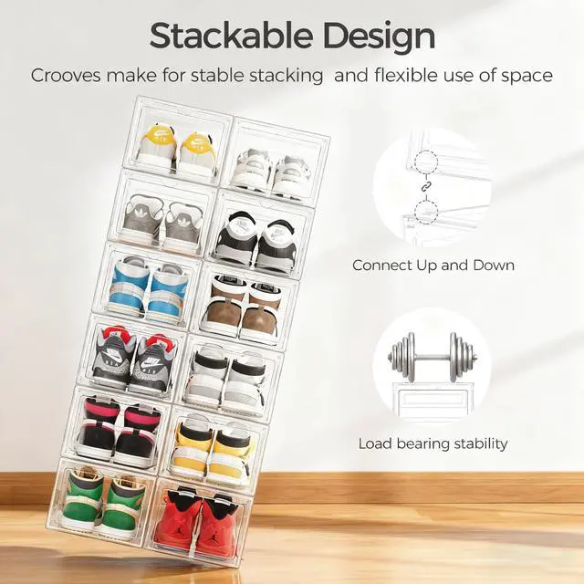 Alt view image 6 of 7 - Upgraded Hard Shoe Storage Box 12 Pack X-Large Fit Size 12, Thicken & Sturdy Clear Plastic Stackable Shoe Organizer Box Closet, Sneaker Storage Display Case Holder Bins with Magnetic Door