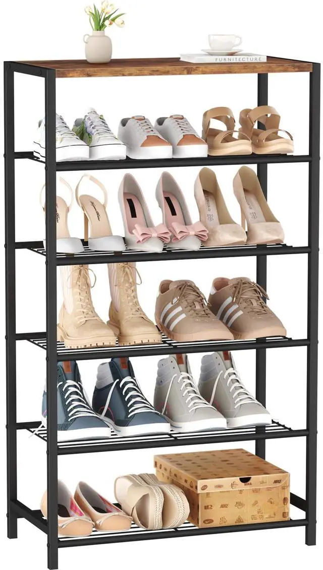 Main image of Shoe Rack 6-Tier, Shoe Storage Shelf, Industrial Shoe Tower, Narrow Shoe Organizer for Closet Entryway, Small Shoe Rack Table with Durable Metal Shelves, Rustic Brown