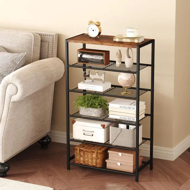 Alt view image 3 of 7 - Shoe Rack 6-Tier, Shoe Storage Shelf, Industrial Shoe Tower, Narrow Shoe Organizer for Closet Entryway, Small Shoe Rack Table with Durable Metal Shelves, Rustic Brown