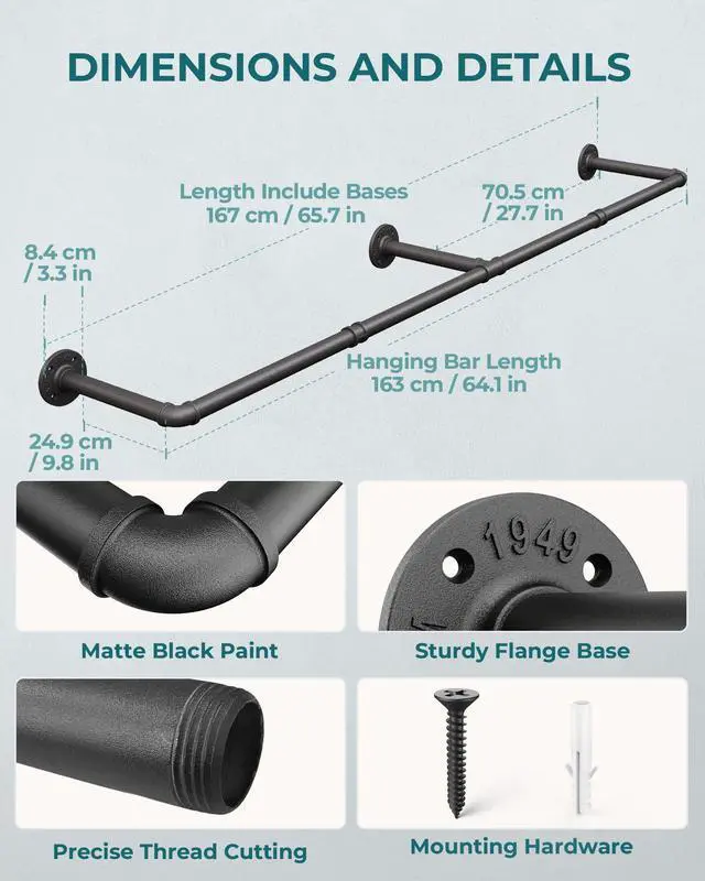 Alt view image 4 of 7 - Clothes Rack, 65.7" Industrial Pipe Clothing Rack 2 Pack for Clothes, Wall Mounted Heavy Duty Space Saving Garment Rack for Closet Storage, Black, 3 Base