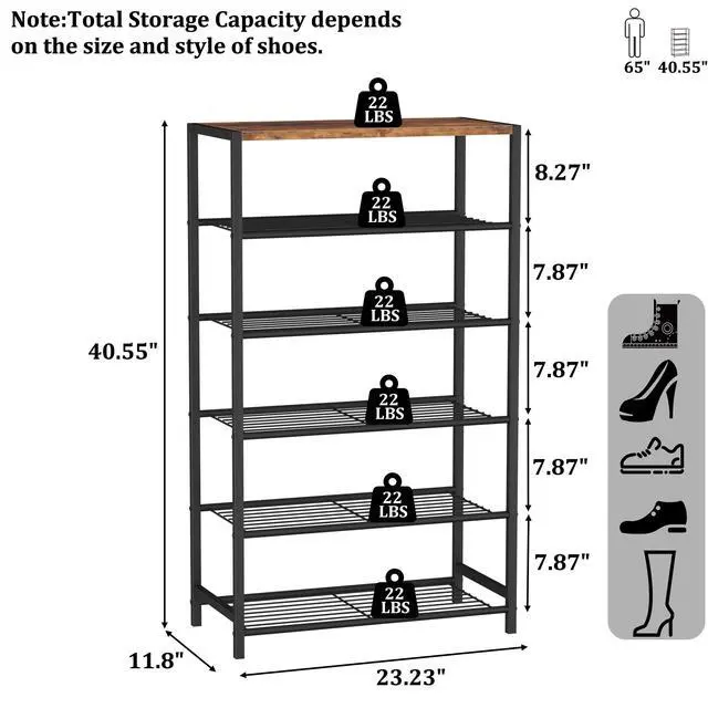 Alt view image 5 of 7 - Shoe Rack 6-Tier, Shoe Storage Shelf, Industrial Shoe Tower, Narrow Shoe Organizer for Closet Entryway, Small Shoe Rack Table with Durable Metal Shelves, Rustic Brown