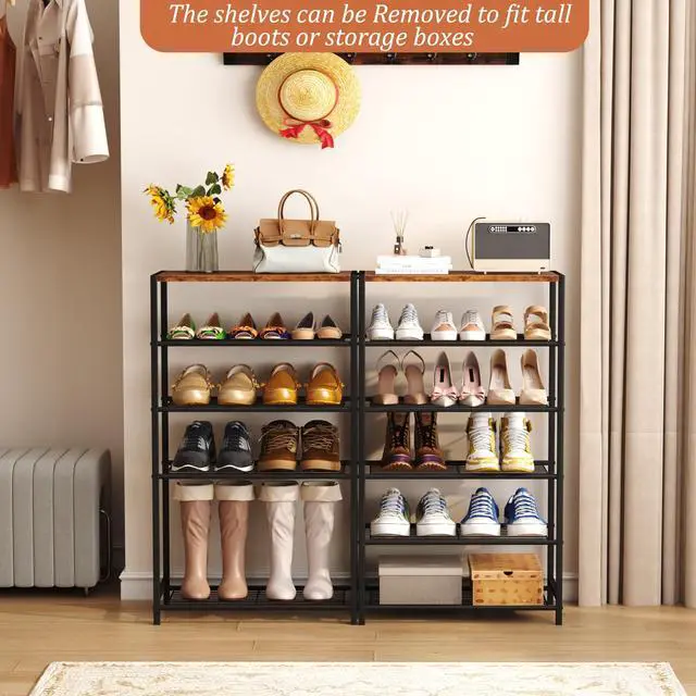 Alt view image 4 of 7 - Shoe Rack 6-Tier, Shoe Storage Shelf, Industrial Shoe Tower, Narrow Shoe Organizer for Closet Entryway, Small Shoe Rack Table with Durable Metal Shelves, Rustic Brown