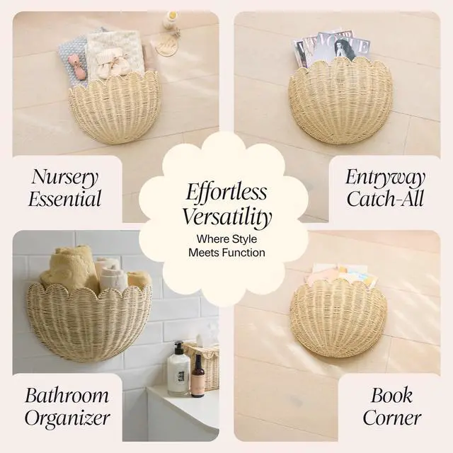 Alt view image 6 of 7 - Scalloped Wicker Wall Basket - The Original - Hand Woven Basket - Scalloped Décor Wall Hanging Baskets -16" x 10" x 7"In - Hanging Wall Basket (Natural)
