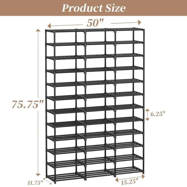 Alt view image 6 of 6 - Shoe Rack Large Capacity 72 Pairs Tall Shoe Shelf, 3 Row 12 Tiers Sturdy Metal Shoe Organizer for Entryway, Closet, Bedroom, Black